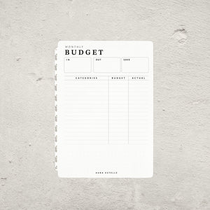 Aura Estelle Budget Tip-In B6, monthly budget page with categories and actual columns