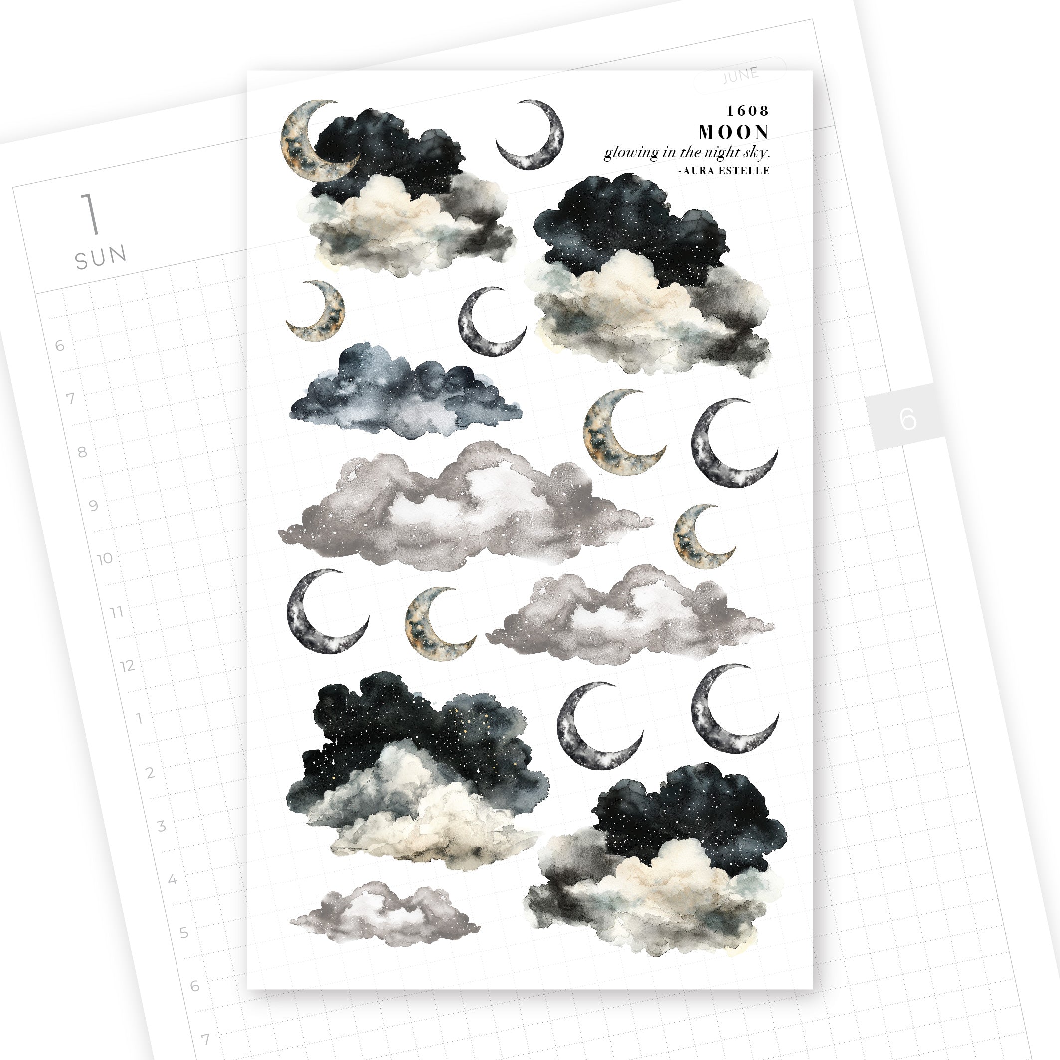 Aura Estelle Washi Stickers Moon and Constellations moon and cloud washi sticker sheet product shot