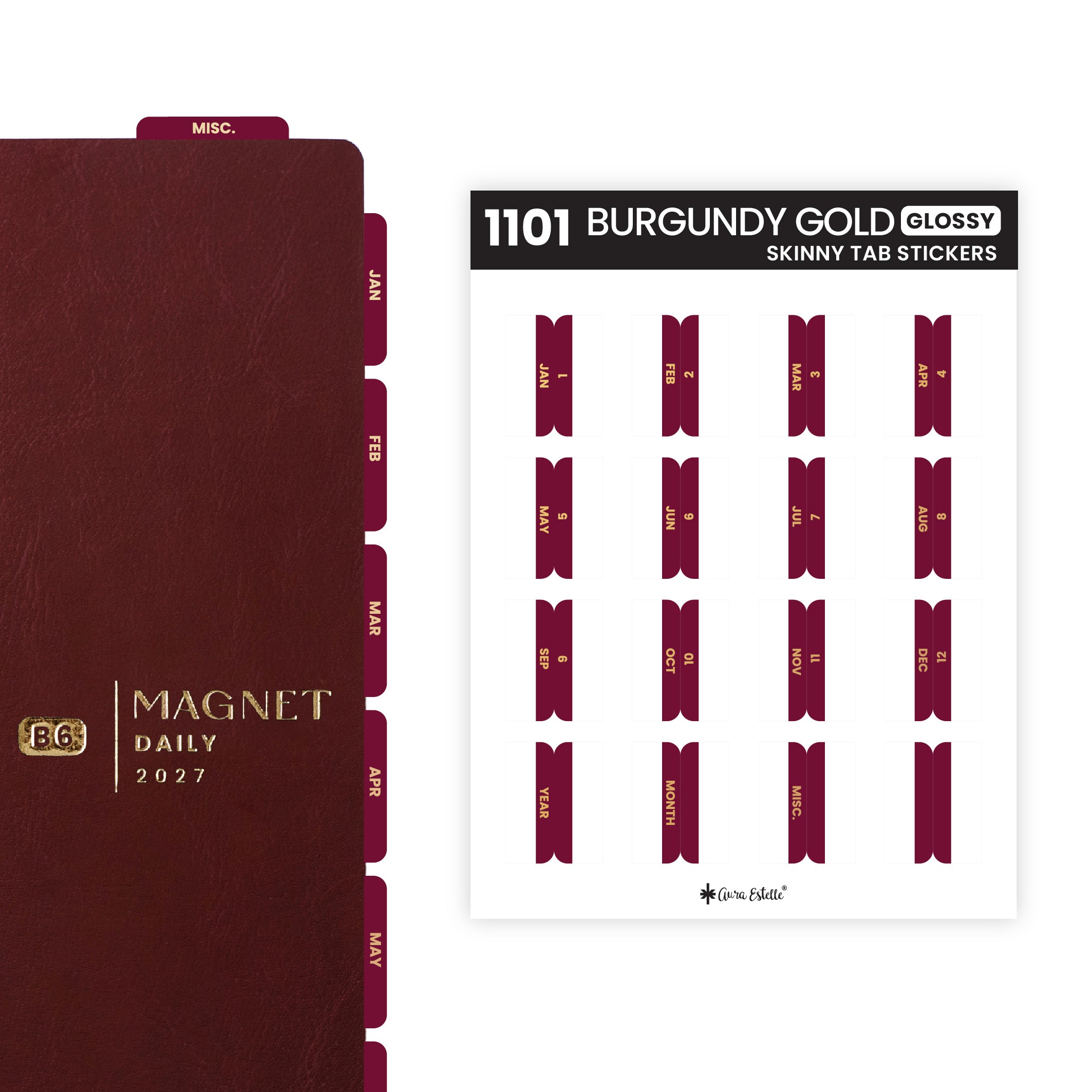 Aura Estelle Skinny Tab Stickers Burgundy Gold Glossy skinny tab sticker sheet product shot