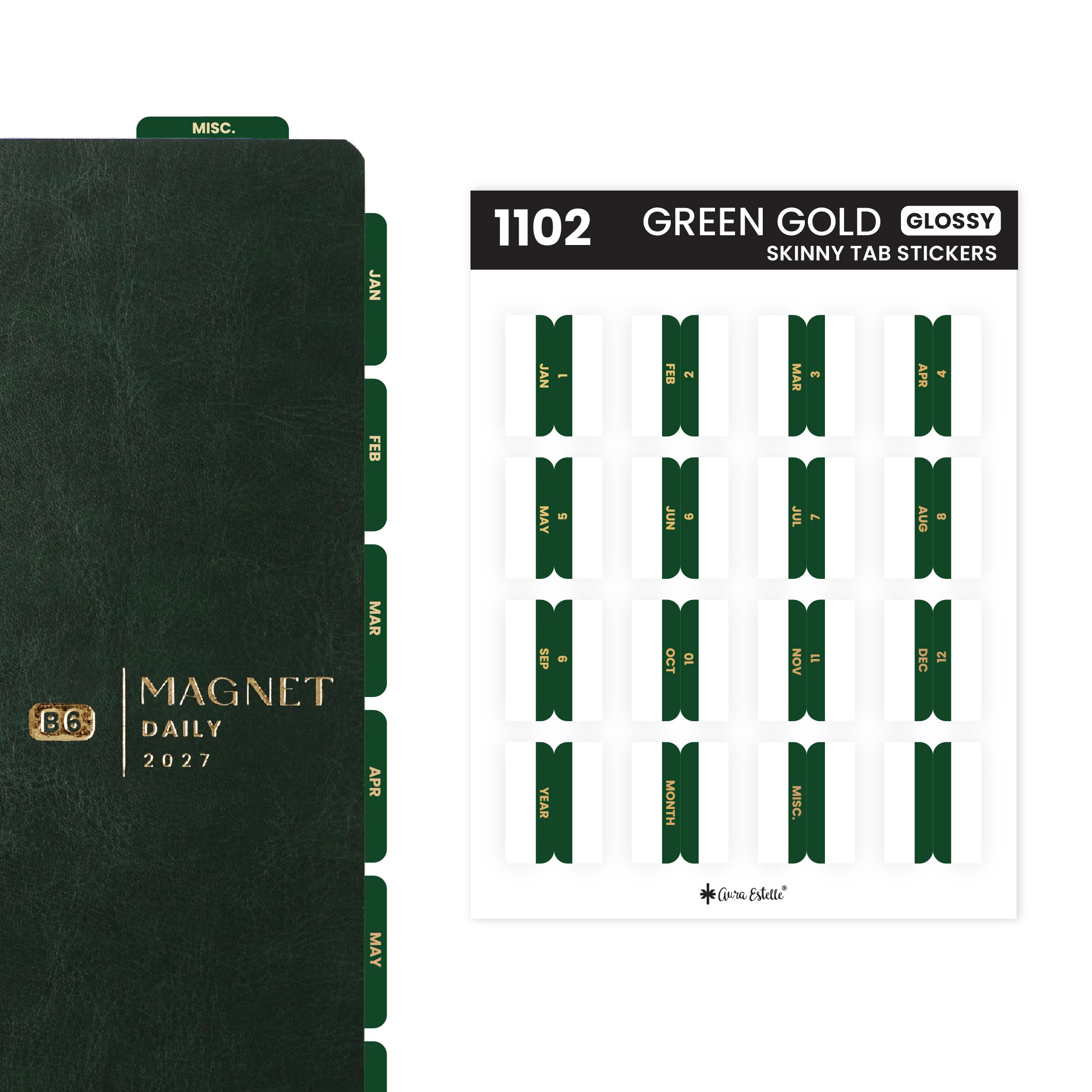 Aura Estelle Skinny Tab Stickers Green Gold Glossy skinny tab sticker sheet product shot