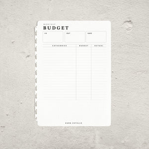 Aura Estelle Budget Tip-In A5, monthly budget page with categories and actual columns