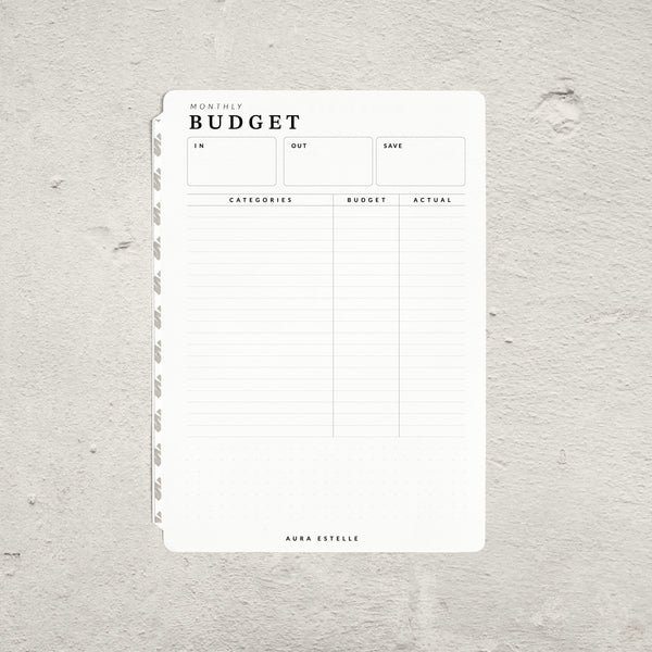 Aura Estelle Budget Tip-In A5, monthly budget page with categories and actual columns