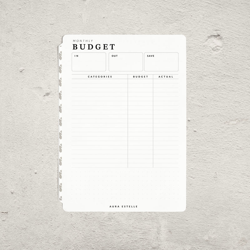 Aura Estelle Budget Tip-In A5, monthly budget page with categories and actual columns