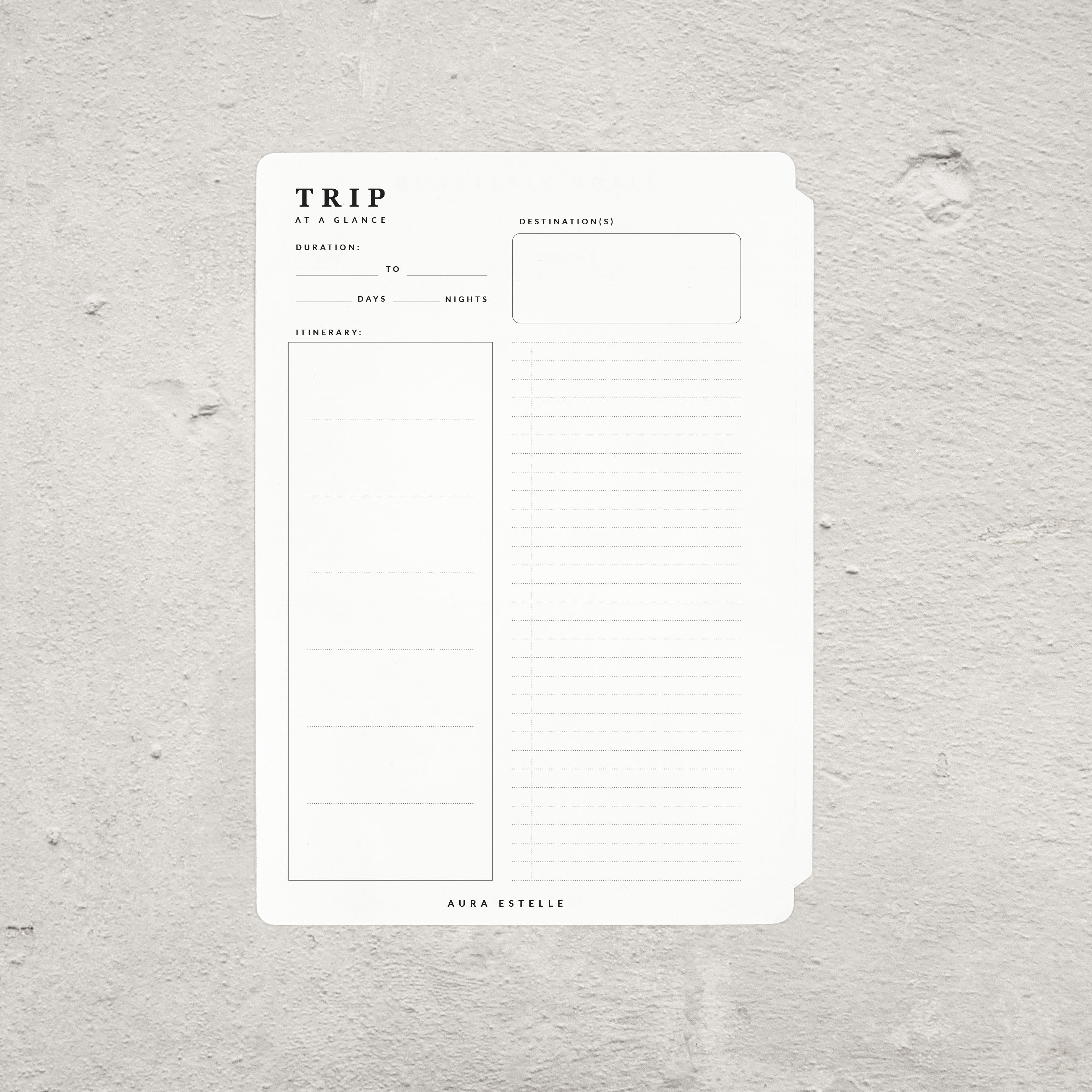 Aura Estelle Travel Tip-In A5 travel plans page back product shot