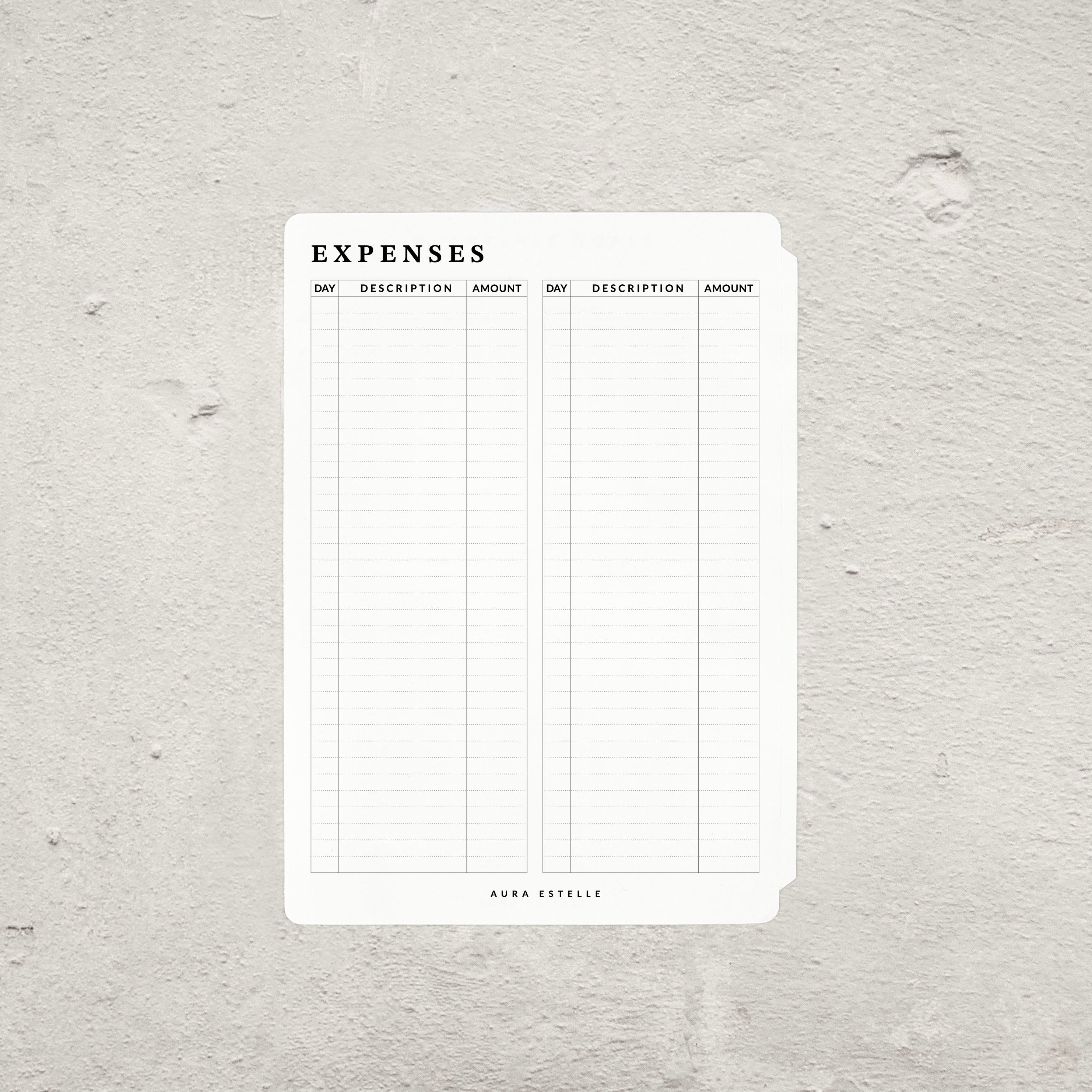 Aura Estelle Budget Tip-In B6, daily expenses log with day, description and amount
