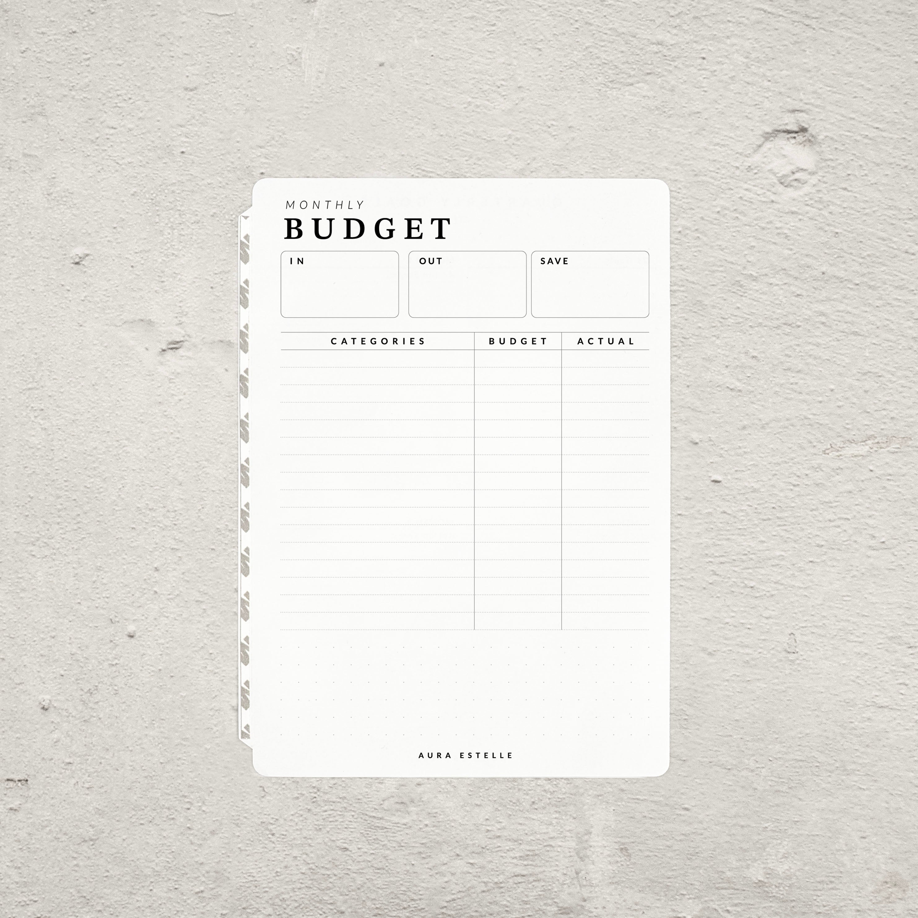 Aura Estelle Budget Tip-In B6, monthly budget page with categories and actual columns