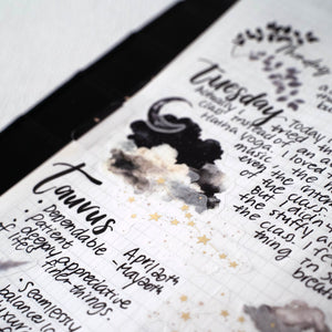 Aura Estelle Washi Stickers Moon and Constellations moon and cloud stickers used in a journal page