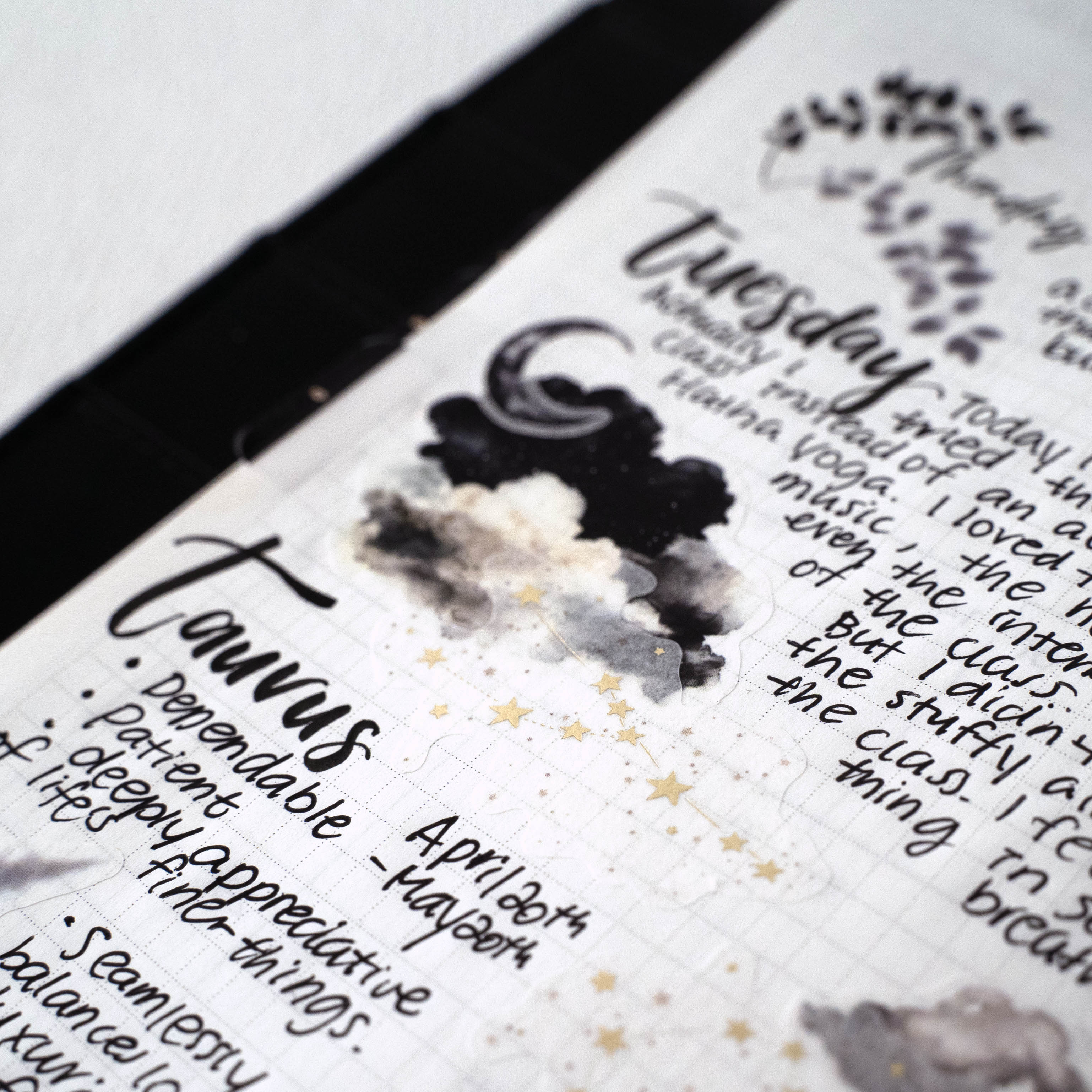 Aura Estelle Washi Stickers Moon and Constellations moon and cloud stickers used in a journal page