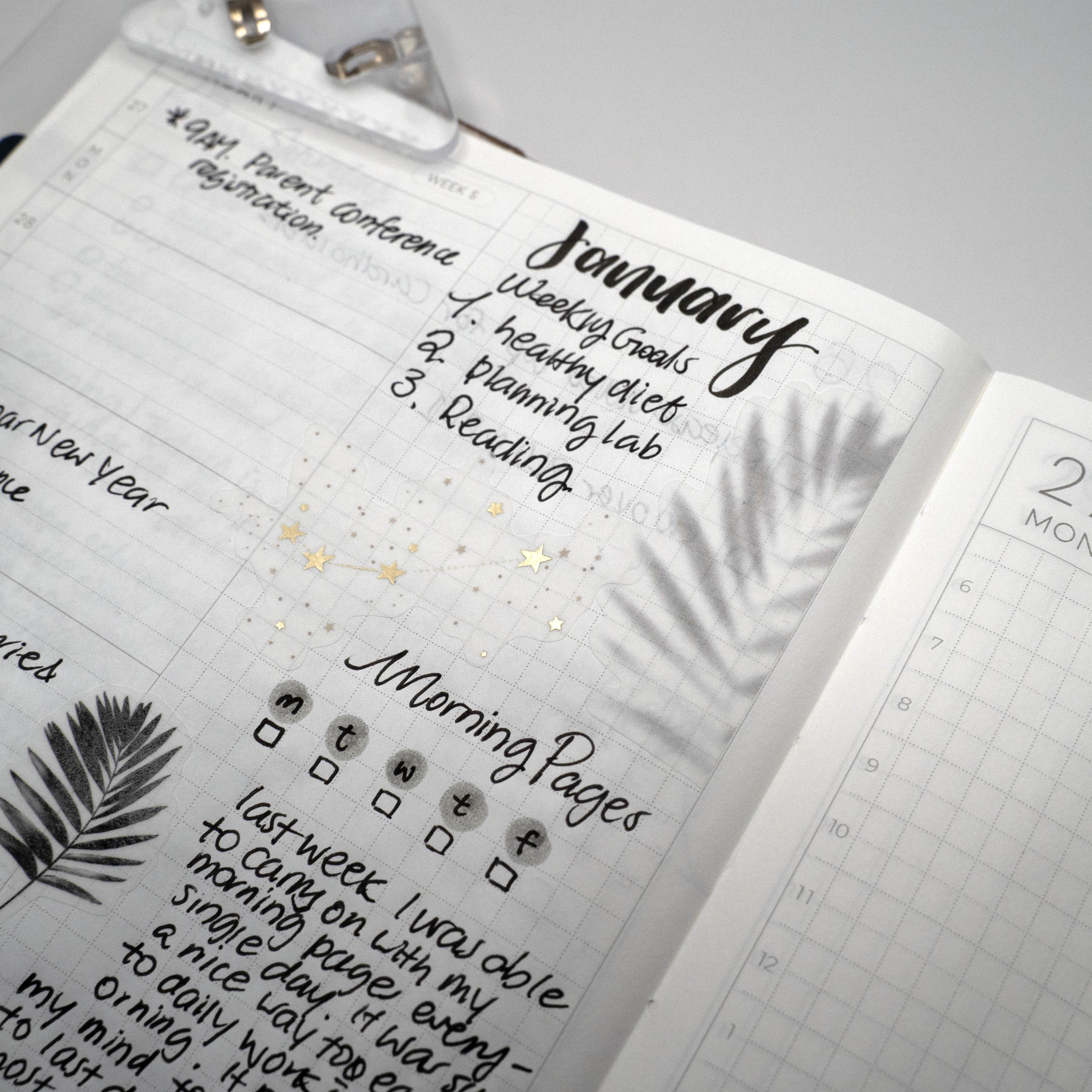 Aura Estelle Washi Stickers | Shadows III Tropical Leaves black leaf washi stickers on journaling page spread