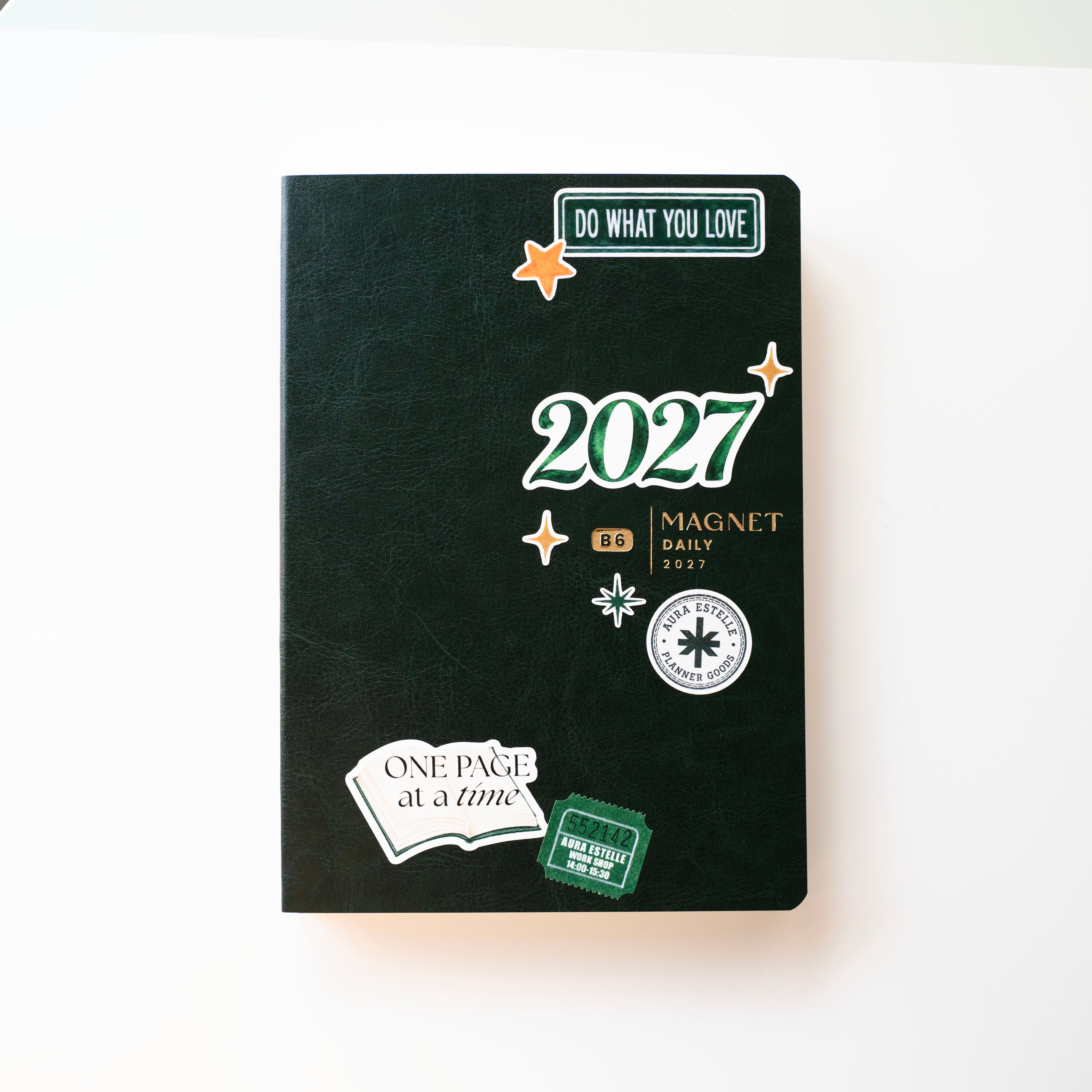 Aura Estelle 2027 Decorative Stickers in Dark Green applied to a MAGNET planner cover