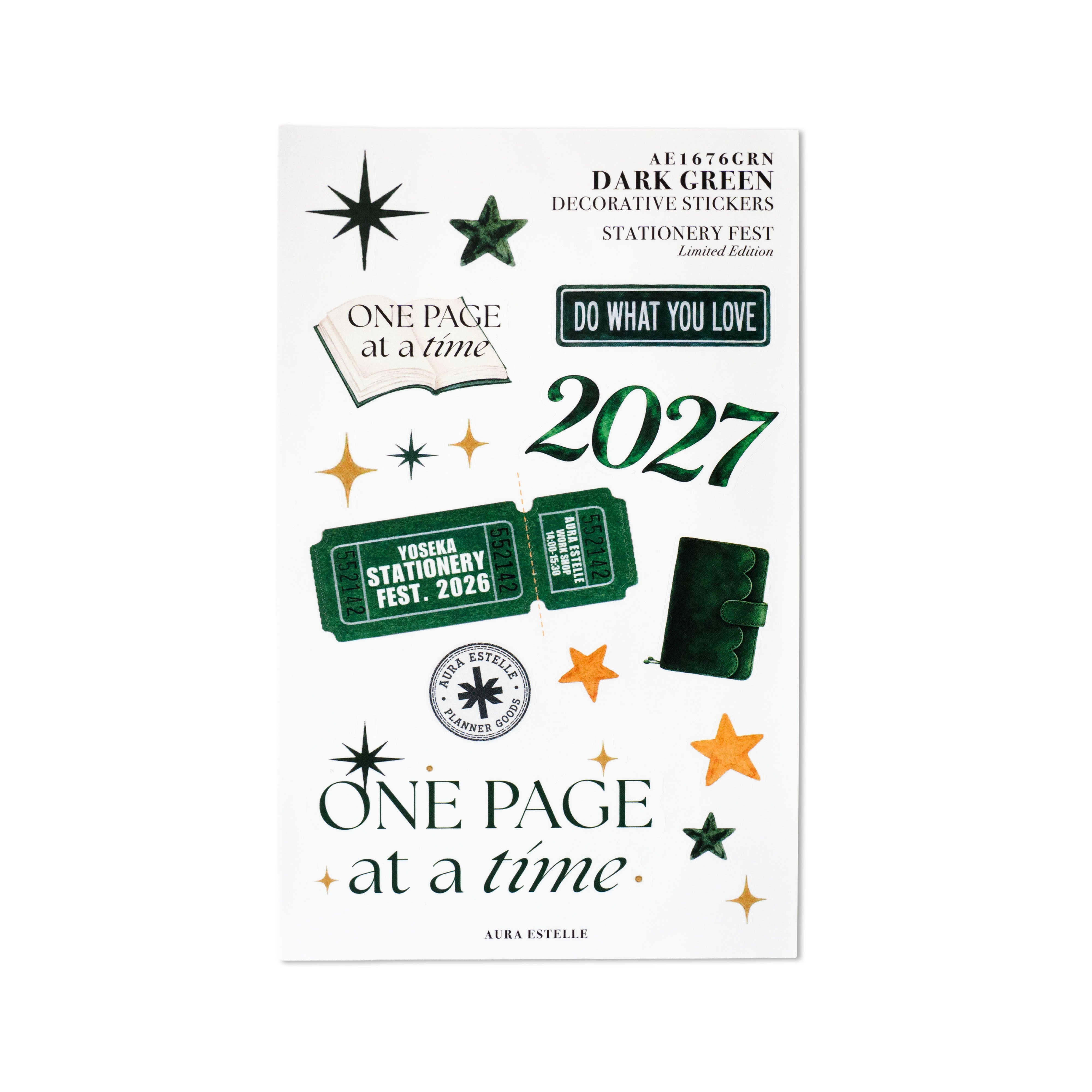 Aura Estelle 2027 Decorative Stickers in Dark Green, limited edition washi sticker sheet
