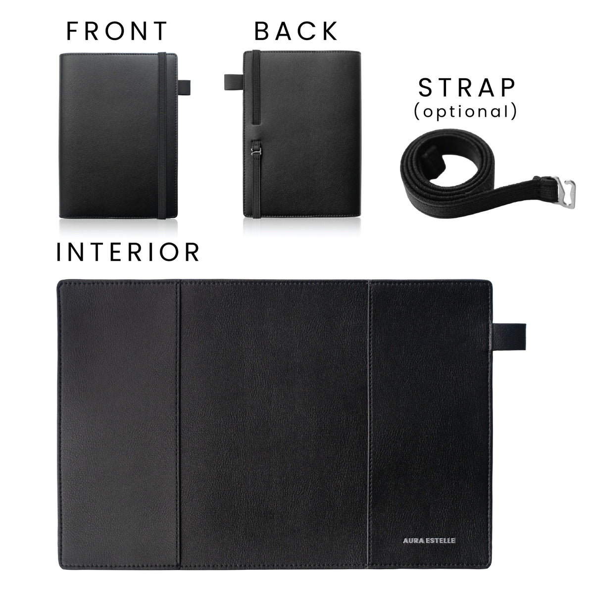 Black B6 SKIN planner cover front, back, interior and optional strap