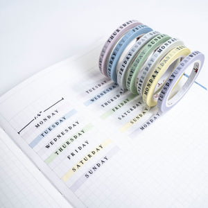 Aura Estelle Days of The Week Washi Box [Pastel] 0.15" pastel days of the week washi tape rolls on planner page