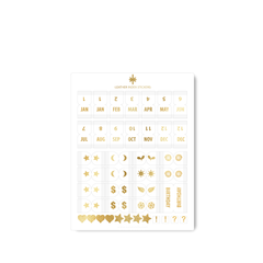 Monthly tabs, index stickers, planner stickers, leather stickers, month tabs, monthly planner stickers, undated planner stickers, gold foiled stickers