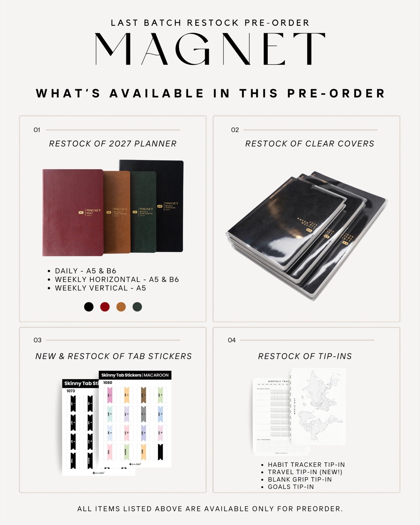What's available in this pre-order: restock of 2027 planners, clear covers, new and restocked tab stickers, and tip-ins.