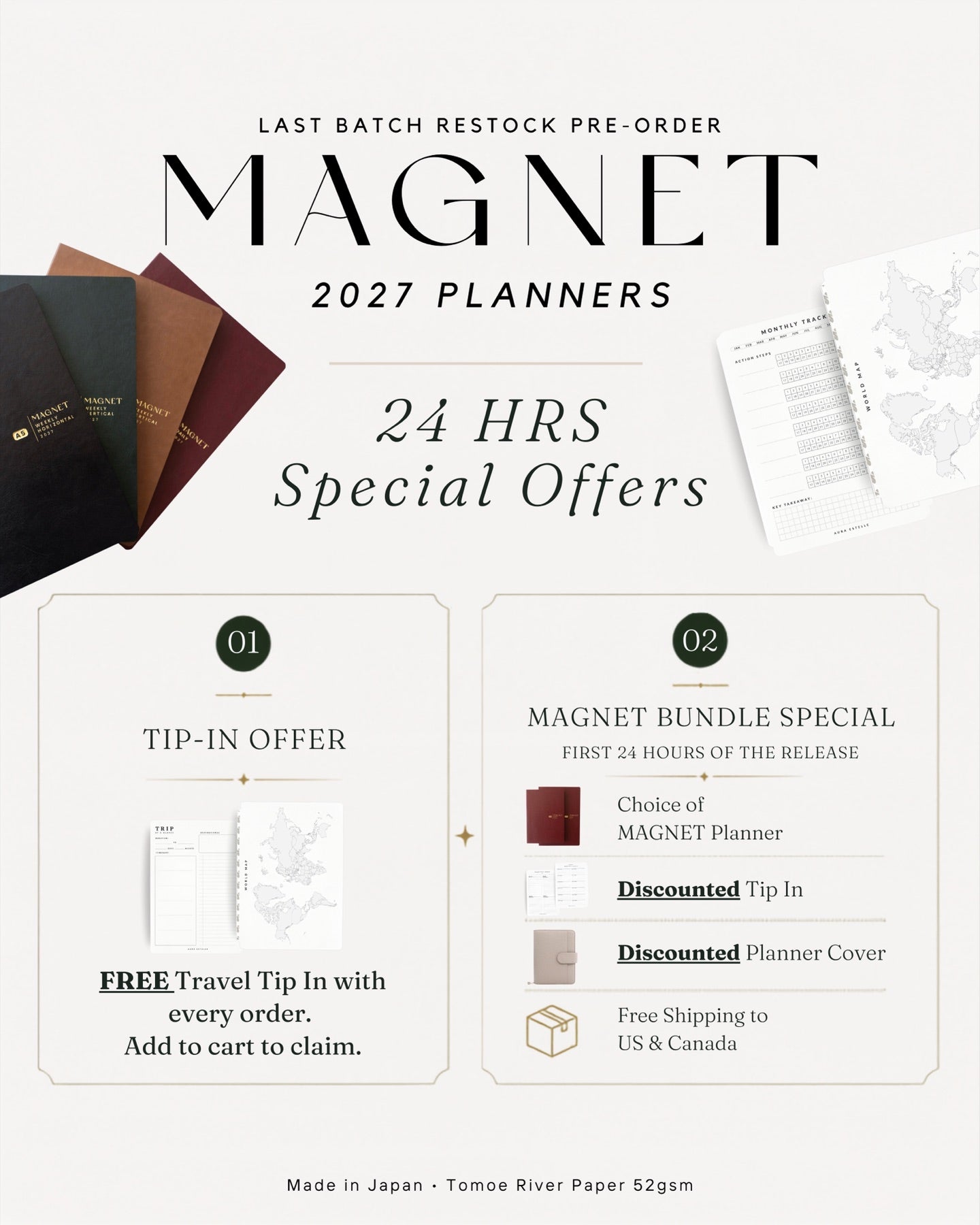 24 hour special offers: free Travel Tip-In with every order, plus a MAGNET bundle special with a discounted tip-in, discounted planner cover and free shipping to US and Canada.